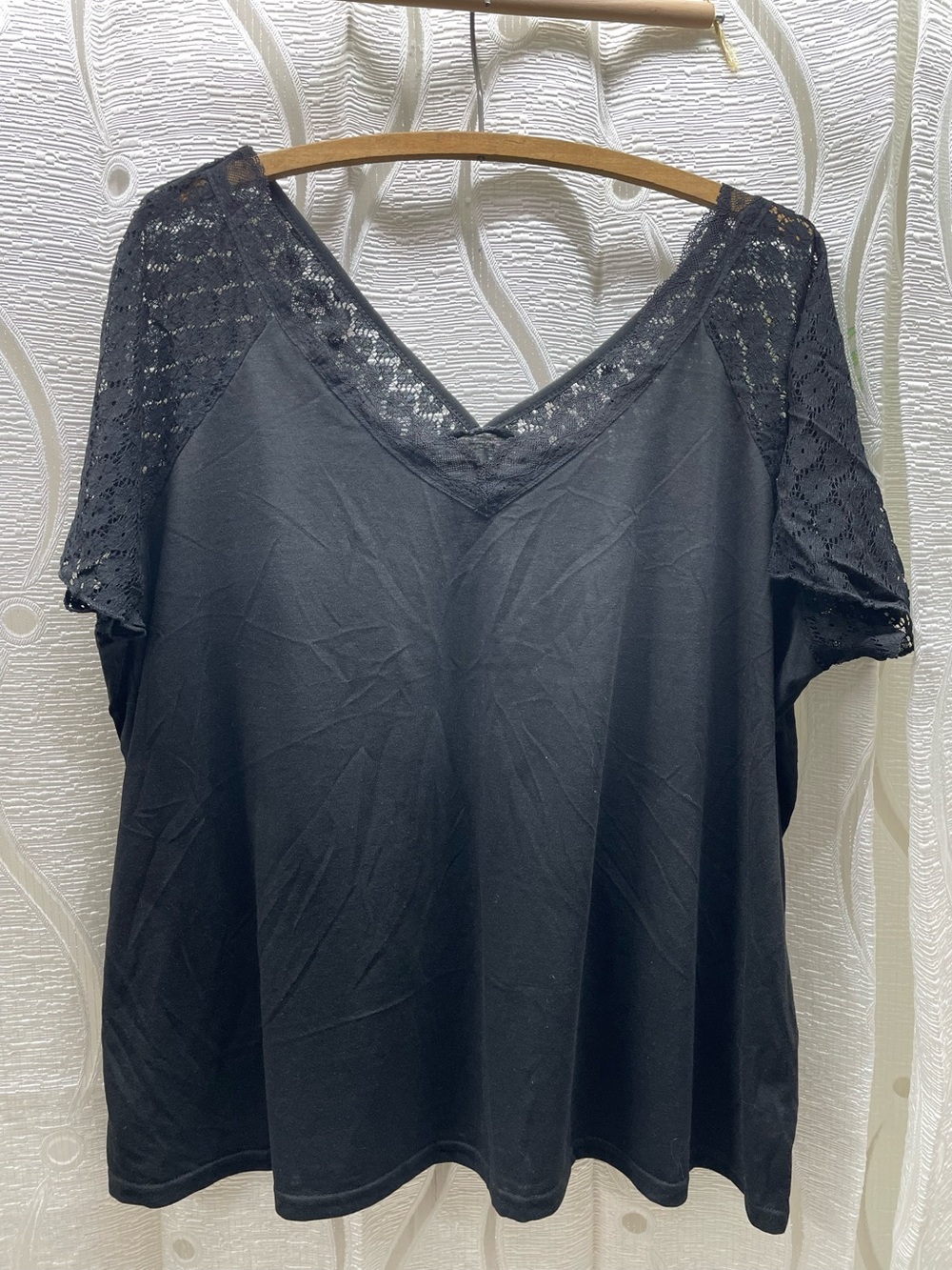 Unbranded Lace Shoulder Blouse Women XL Black Excellent V-Neck Short Sleeve Top